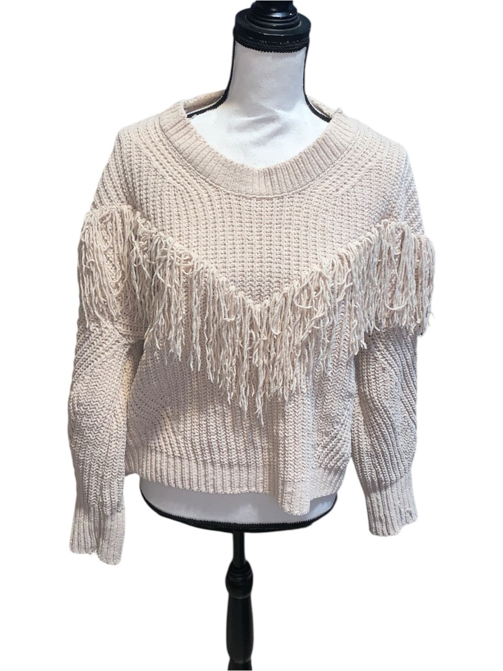 No Boundaries Cream Fringe Tight Knit Pullover Sweater Long Sleeve